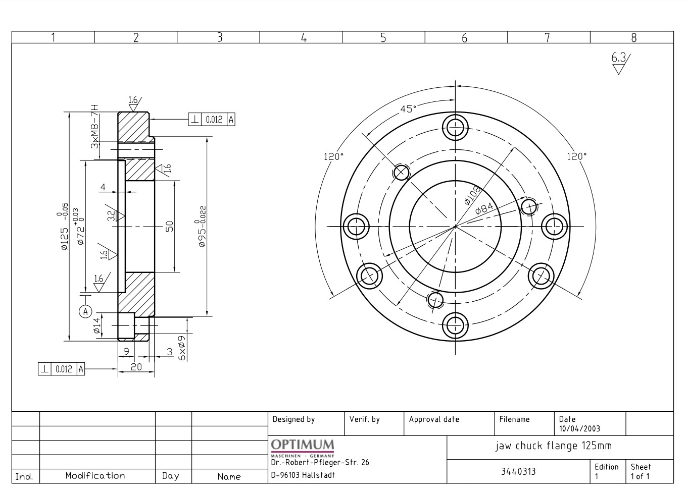 Příruba pro sklíčidlo 125 mm pro TU 2304 (3 otvory)